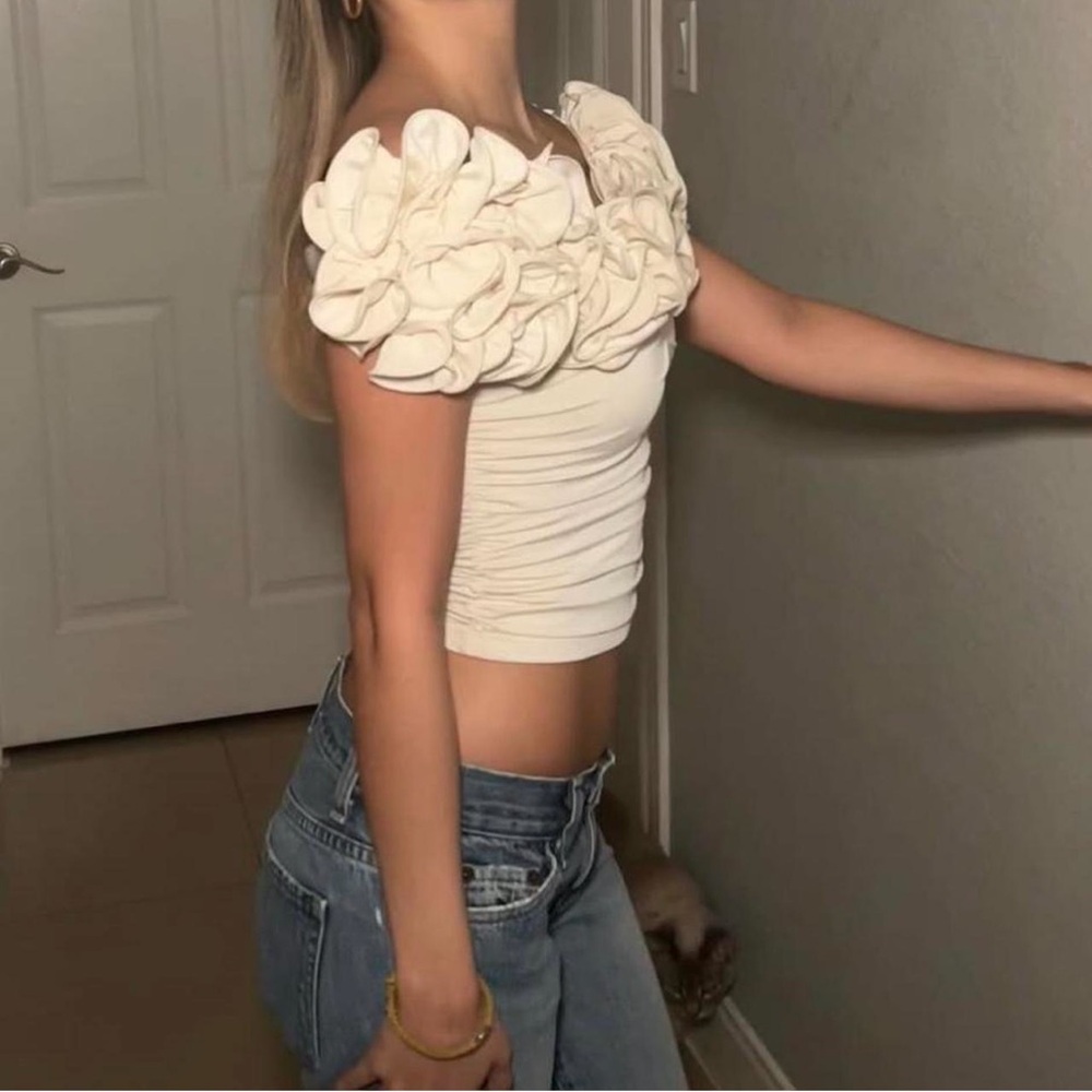 Express cream off the shoulder rosette top